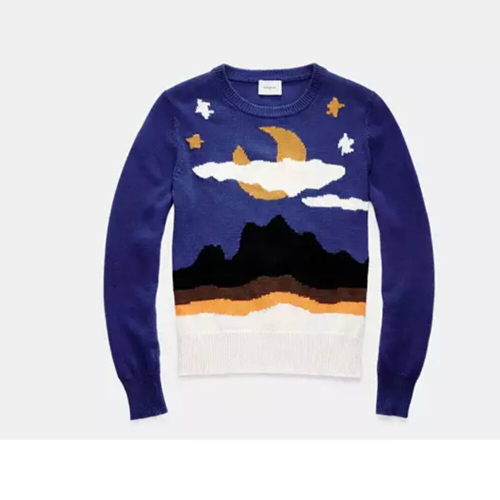 🌙 Coach Blue Multicolor Intarsia Moon & Landscape Sweater 🌌